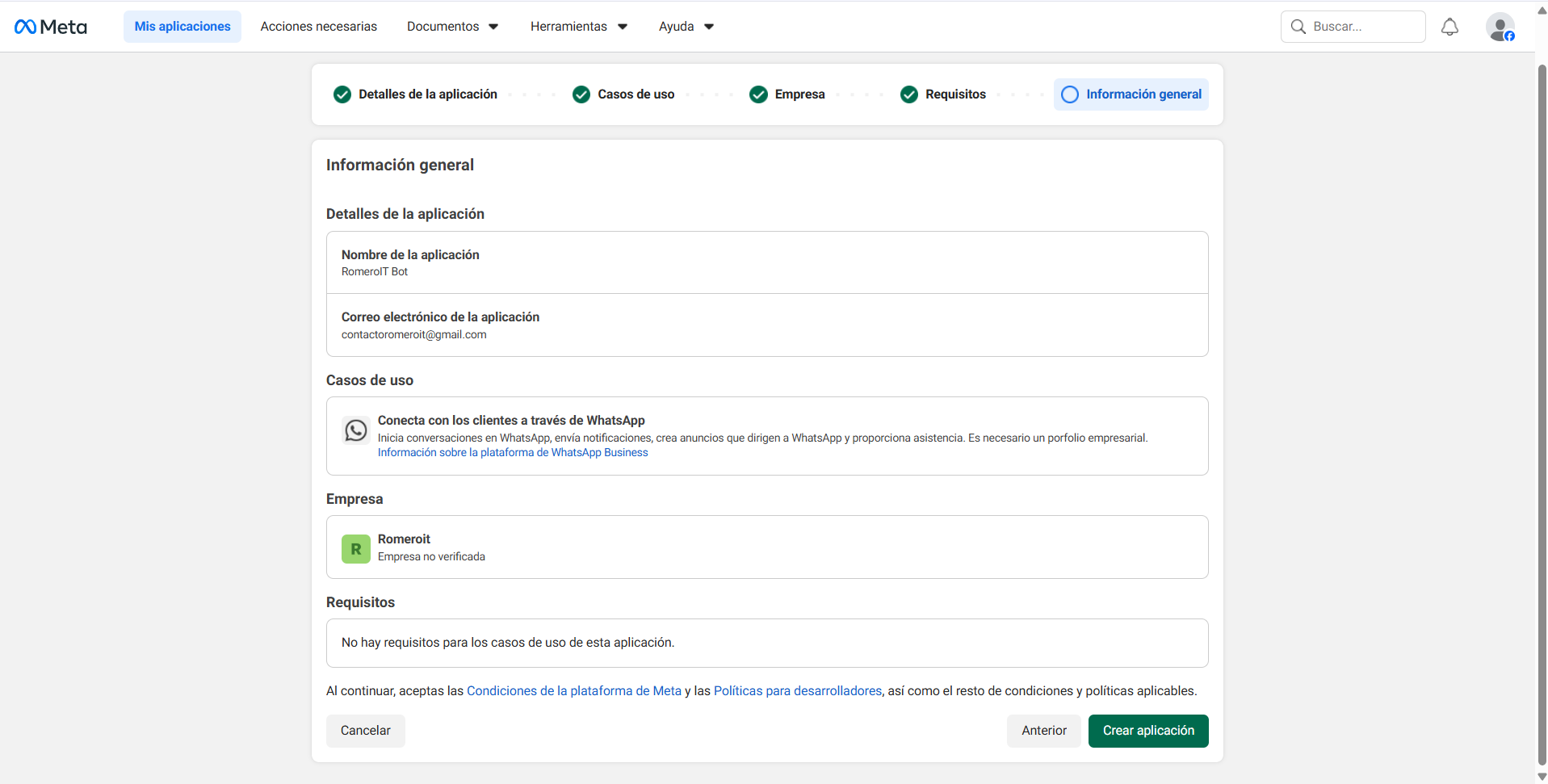 Resumen final antes de crear la aplicación